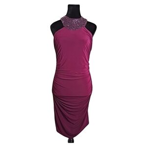 SIGNATURE Mini Dress Ruched Sides Halter Neck with Beaded Sequins Purple Size 6